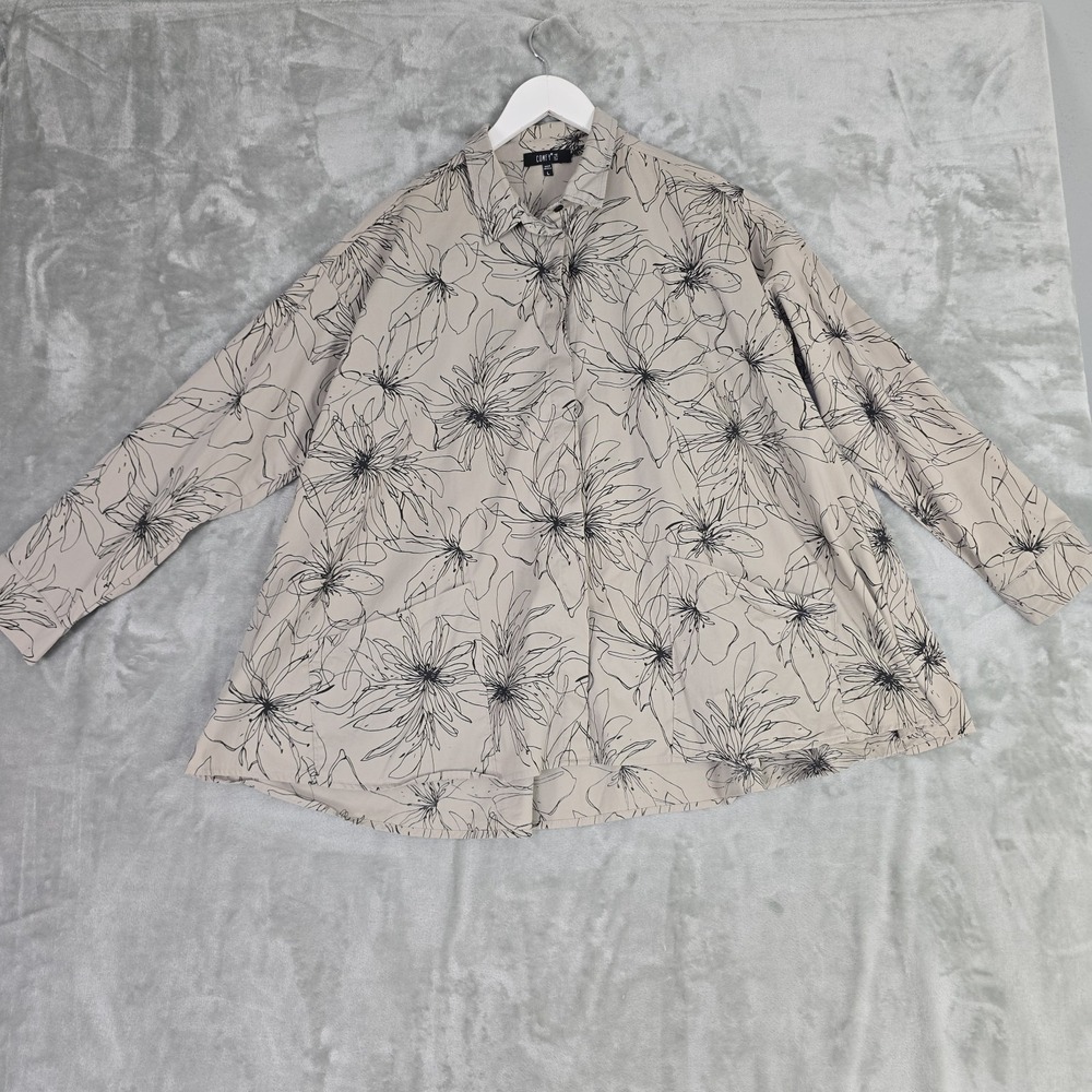 Comfy USA‎ Womens Button Down Tunic Top Large Floral Black Grey Lagenlook Artsy